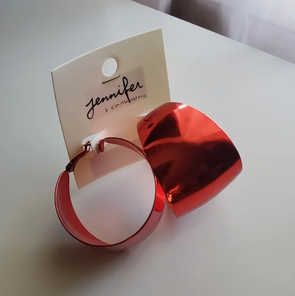 Bright Red Hoop Earrings - Picture 3 of 6